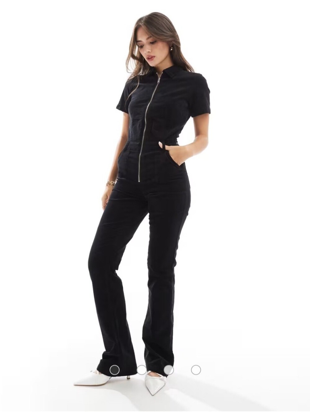 Black Short-Sleeve Zip-Front Utility Jumpsuit